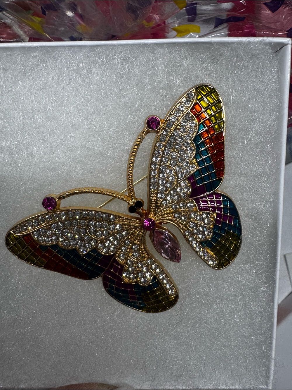 Gold Tone Multicolor Crystal Butterfly Brooch